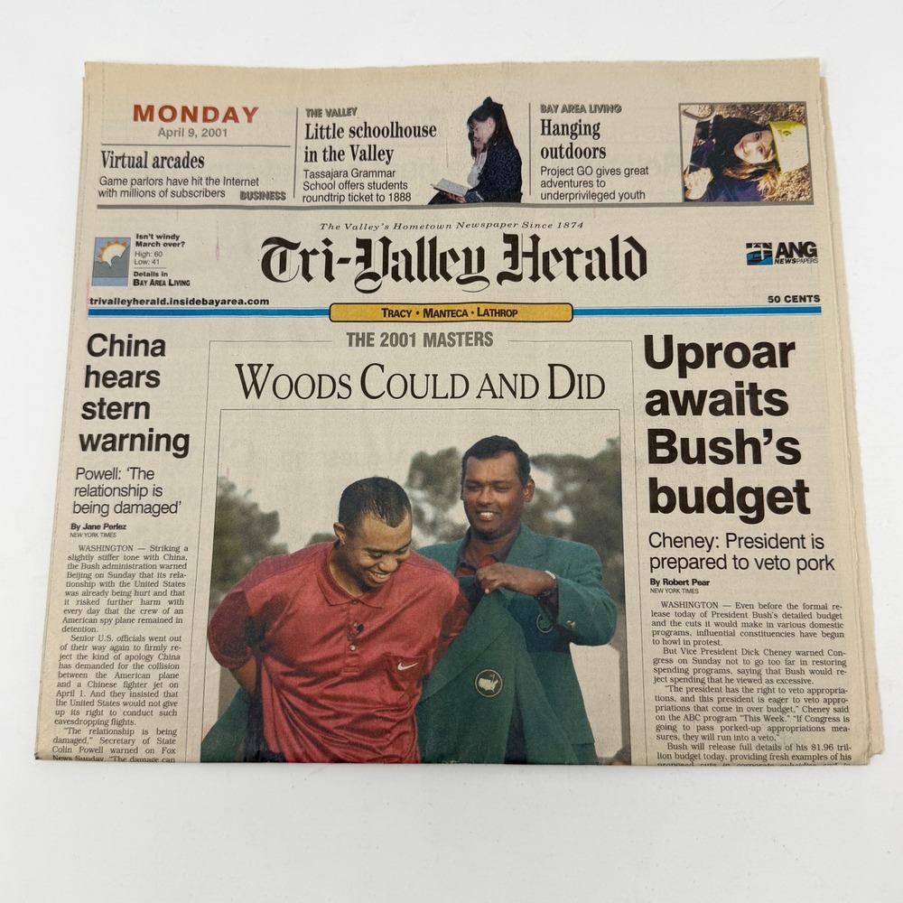 Tiger Woods 2001 Masters Newspaper Tri-Valley Herald Tiger Slam April 9 2001